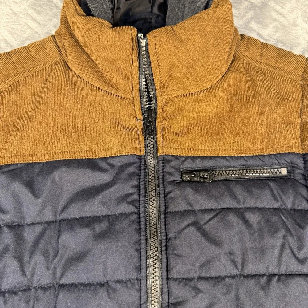 Distortion Boys Large 10/12 Puffer Jacket Brown Corduroy Navy Gray Fleece Hood
